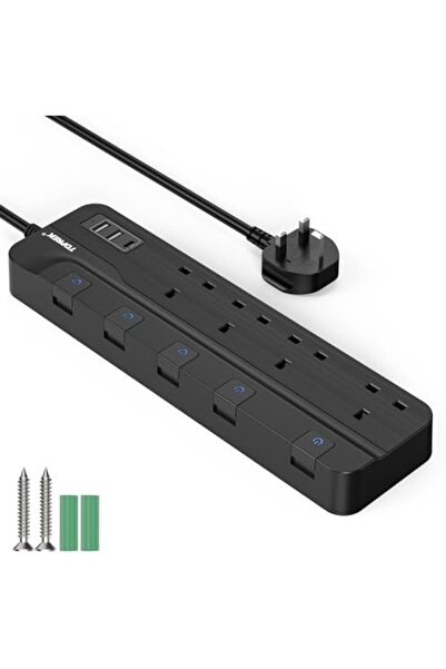 Generic سلك تمديد TOPREK 4 مع مقبس عريض للغاية، ومفاتيح فردية للإضاءة مع 2 منافذ USB-A،