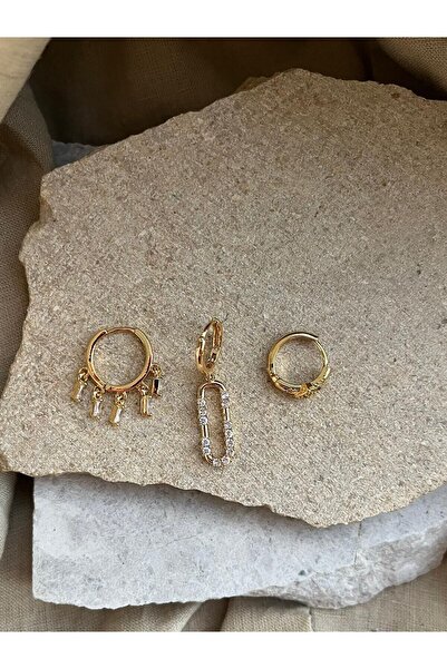 nunu takı أقراط ثلاثية بيضاوية الشكل مرصعة بالأحجار الكريمة باللون الذهبي