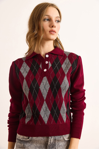 Olalook Kadın Bordo Polo Yaka Düğmeli Baklava Triko Bluz BLZ-19003095