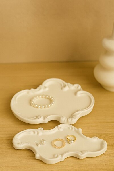 ZURİ DESİGN Barok Kenarlı Beton Dekoratif Takı ve Aksesuar Tabağı 23 x 15 (2’...