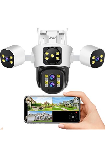 Generic 2NLF 4MP Outdoor Security Camera with 4 Lenses, PTZ Security Camera Wireless with 360° View, 10X Zo