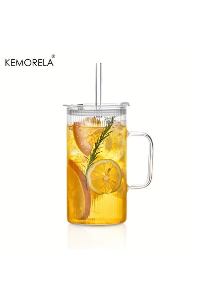 Choice1 740 مل 1 قطعة KEMORELA 740 مل كوب زجاجي كبير مضلع مع مقبض وغطاء مجموعة من 1/2 كوب زجاجي شفاف