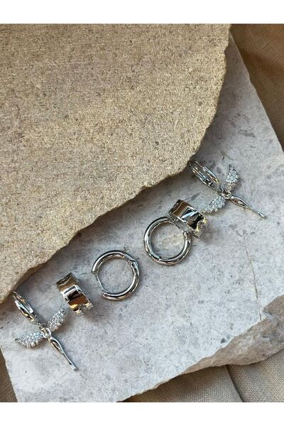 nunu takı Silver Color Stone Perforated Six-Piece Earrings