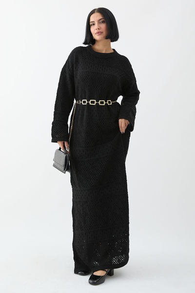 InStyle Patterned Openwork Black Knitwear Dress