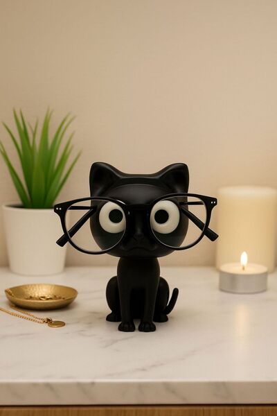 NOVATECH İNOVASYON SEVİMLİ SİYAH KEDİ Gözlük Standı Dekoratif Gözlük Tutucu Masaüstü Gözlük Standı Hediye Organizer