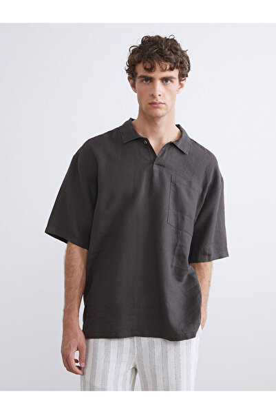 LC Waikiki Кафява мъжка риза с къс ръкав, 100% лен, с нормална кройка