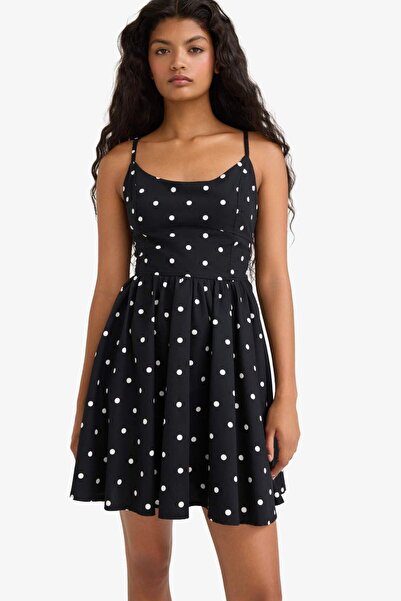 DeFacto Crew Neck Poplin Strap Mini Polka Dot Dress F9251Ax25Au