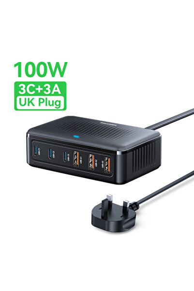 choice2 100W UK Plug Rocoren USB Charger 100W GaN Charging Station 6-ports De...