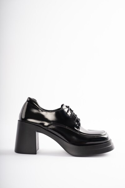 selinshoes Saviel Bağcık Детальні жіночі туфлі на товстому каблуці - ЧОРНІ РУГАН