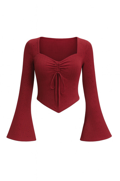 meren like your style Μπλούζα με μακρυμάνικο σχέδιο από δαντέλα σε μπορντό χρώμα