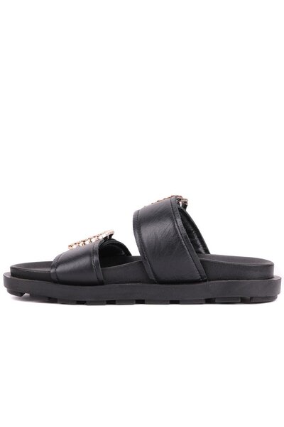 SailLakers Sail Lakers - Black Color Genuine Leather Women's Slippers with Stone Detail