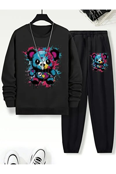 Cevval طقم سويت شيرت وبنطلون رياضي للأطفال مطبوع برقبة دائرية و3 خيوط مطوية ل...