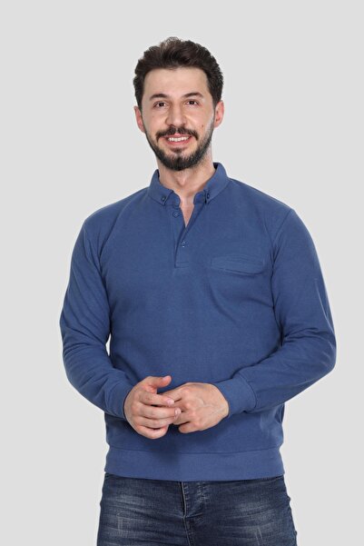 HEDEFNUR TEKSTİL Hanorac albastru pentru bărbați, cu guler polo, cu buzunare, model obișnuit, tricotat Selenik