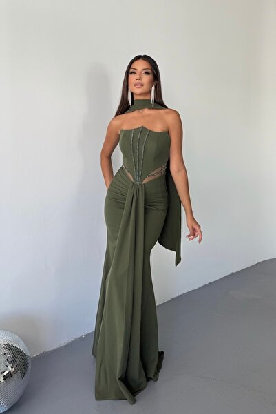 İyem Abiye Krep Şallı Bel Transparan Ve Taşlı Yırtmaçlı Abiye Elbise Dar Kalıp