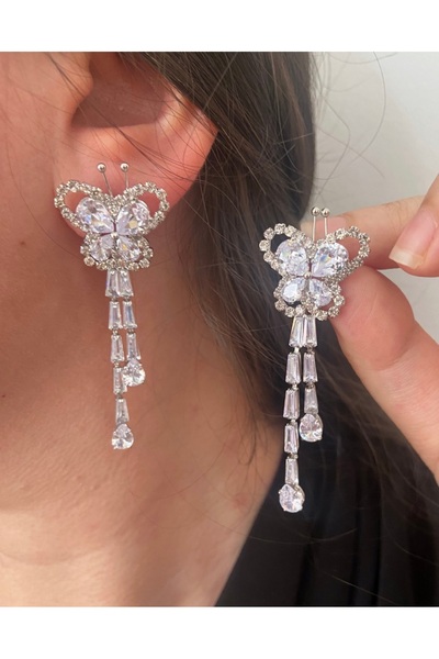 ER TAKI Stylish Party Engagement Henna Wedding Evening Dress Earrings with Stone and Silver Color Butterfly Design
