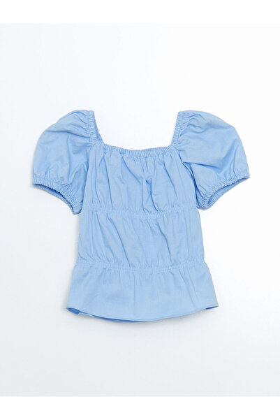 LC Waikiki Bluză pentru fetiță din amestec de in cu guler pătrat albastru