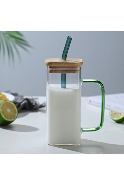 Choice1 400ml Yellow Handle 400ml Square Glass Mug With Lid and Straw Breakfa...