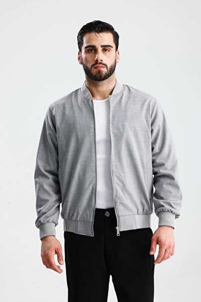 İLKCET MODA V-Neck Zippered Gray Oversize Seasonal Jacket