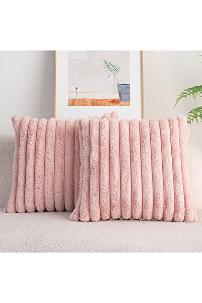 Choice غطاء وسادة مربع من فرو الأرنب الصناعي باللون الوردي، كبير وسميك ومخطط، ناعم للغاية، بلون موحد، مقاس 45x4