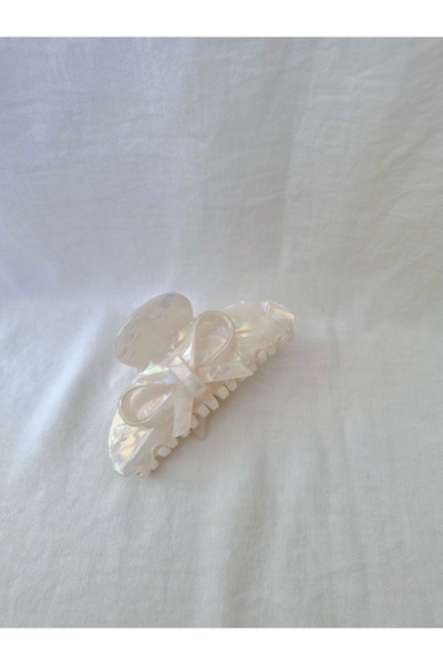 Beyaz Dükkan Sedefli 3D Fiyonk Detayli Kemik Mandal Toka Büyük Boy