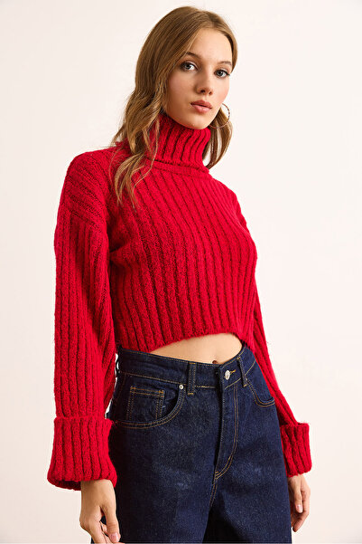 Olalook Women's Red Turtleneck Soft Textured Ribbed Crop Sweater Kzk-19000983