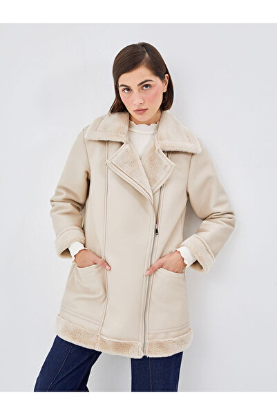 LC Waikiki Palton LCW Modest Bej cu guler de blană pentru femei aspect de piele
