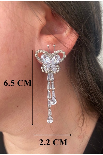 ER TAKI Stylish Party Engagement Henna Wedding Evening Dress Earrings with Stone and Silver Color Butterfly Design