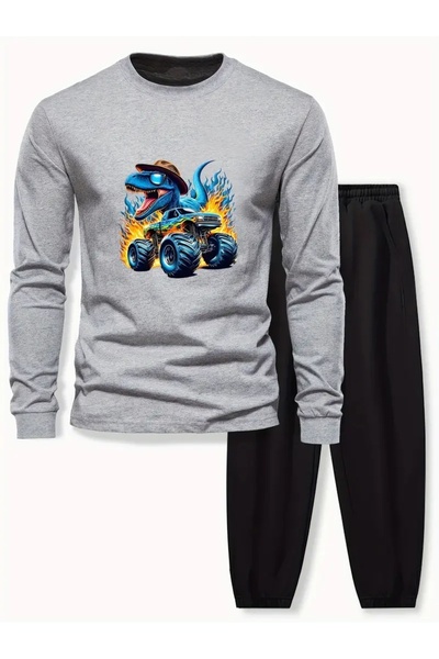 CROPSEL Children's Printed Crew Neck Sweatshirt and Sweatpants Set 3 Thread Raster for Autumn/Winter