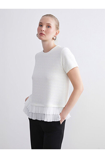 LC Waikiki Ecru Crew Neck Women's Pleated T-Shirt