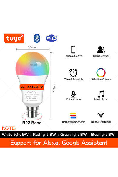 Choice نعم WIFI 220V B22 18W قاعدة B22 المملكة المتحدة TUYA Wifi لمبة ذكية مص...