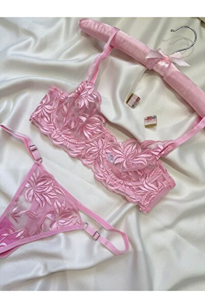 İNKO İÇ GİYİM Floral Underwire Uncovered Tulle Bra Set (Bra Tanga)