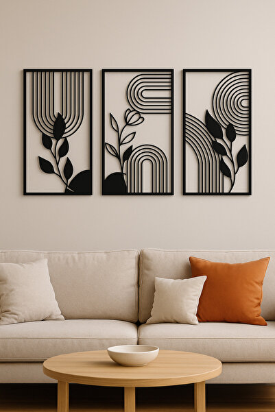 LUNOART 3’lü Minimalist Yaprak ve Çizgi Desenli Metal Tablo Seti