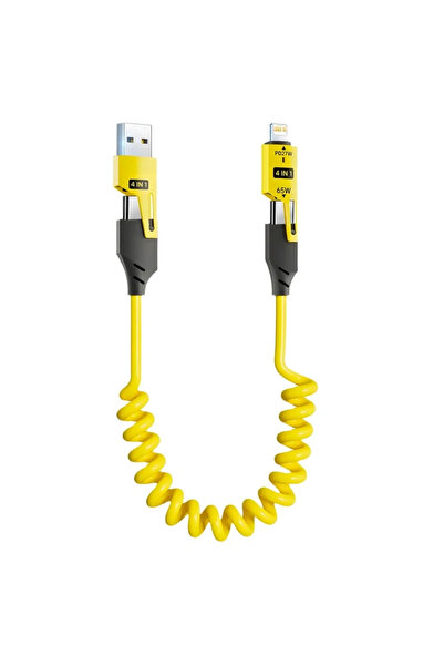 Choice كابل بيانات قصير زنبركي 4 في 1 أصفر 65 وات 6 أمبير USB من النوع C سلك ...