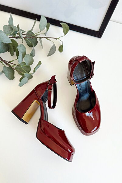 POLKA STORE Women Bride Bridal Wedding Wedding Shoes Burgundy Patent Leather Platform Closed Toe High Heels Shoes