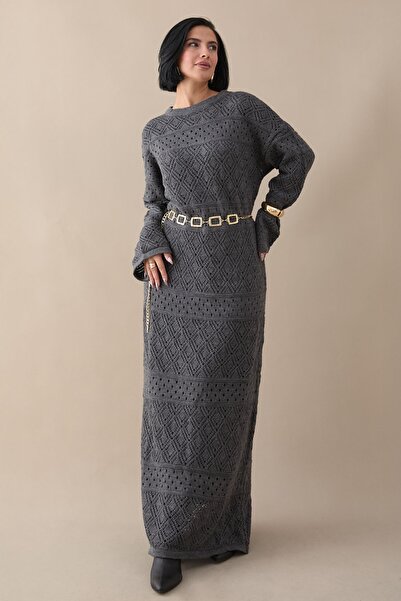 InStyle Patterned Openwork Anthracite Knitwear Dress