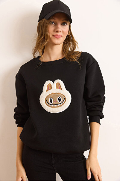 Olalook Women's Black Appliqued Basic Sweatshirt Swt-19000737