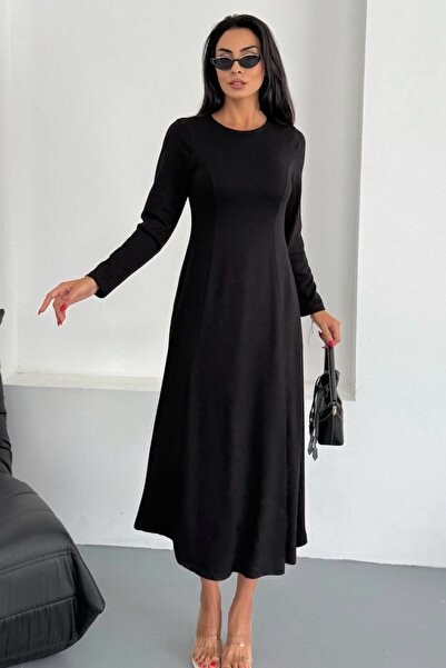 Ded COLLECTION Kadın Bisiklet Yaka Parçalı Kuplu Midi Uzun Kol Modal Elbise