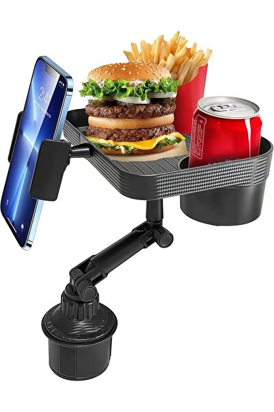 Denx 3-in-1 Car Cup Holder, Food Tray With Phone Mount, 360° Rotating Auto Food & Drink Tray,DX1285