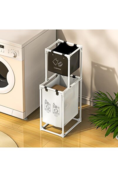 Flippy Coș de rufe pliant, 2 niveluri, 2 coșuri, cadru din oțel inoxidabil, 97x44x31 cm, alb