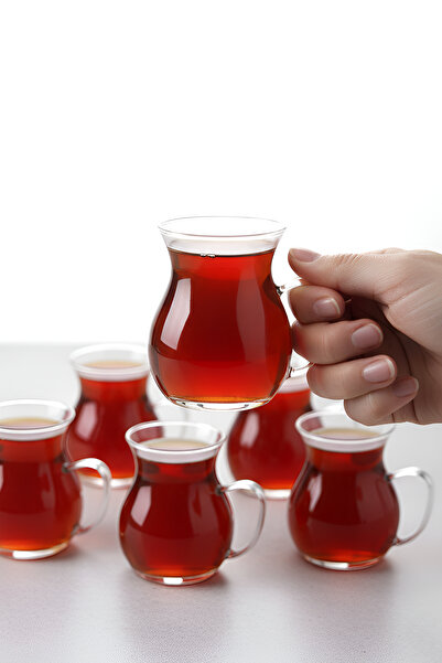 METROPOLAVM 6’lı Keyfi Ala Borosilikat Cam Kulplu Çay Bardağı Fincan Seti