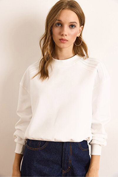 Olalook Γυναικείο λευκό φούτερ με λεπτομέρεια από πέτρα στους ώμους, χωρίς σαρκόνα, χοντρό φούτερ SWT-19000736