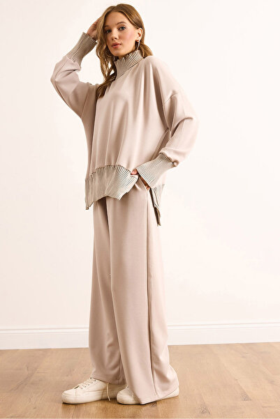 Olalook Kadın Bej Premium Triko Detaylı Modal Alt Üst Takım TKM-19000429
