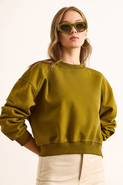 Olalook Kadın Yağ Yeşili Double İnterlok Kol Detaylı Kalın Sweatshirt SWT-19000735