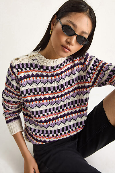 Bianco Lucci Women's Shoulder Patch Patterned Knitwear Sweater 20246176