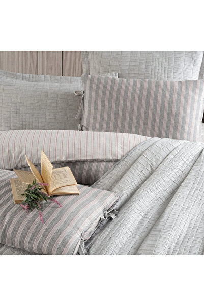 Asyağmur Yatak Örtülü Nevresim Takımı Keten Kumaş Çift Kişilik Çizgili Polycotton Kumaş