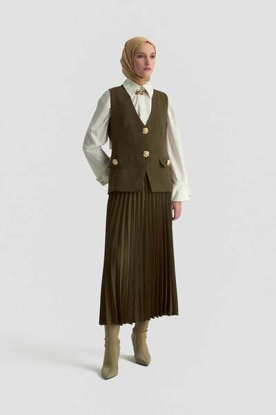 Armine TREND Armi̇ne Trend Gold Buttoned Pocket Detailed Pleated Skirt and Vest Two-Piece Set - Olive Green