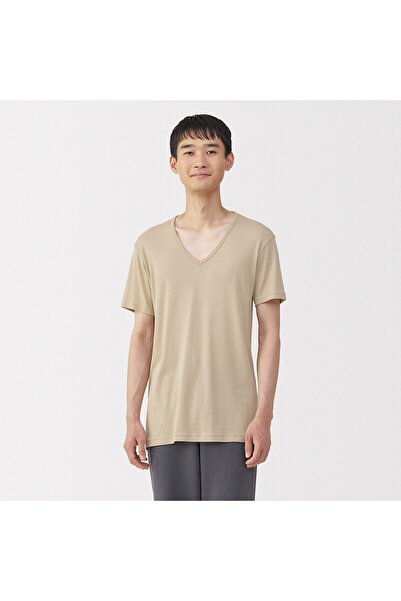 Muji تي شيرت قطني ماص للرطوبة بأكمام قصيرة ورقبة على شكل حرف V