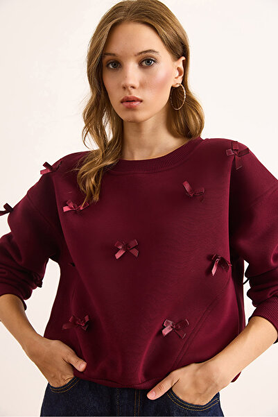 Olalook Γυναικείο μπλουζάκι με ασύμμετρη ραφή με λεπτομέρεια φιόγκου, με ανάγλυφο σχέδιο, μπορντό, SWT-19000738