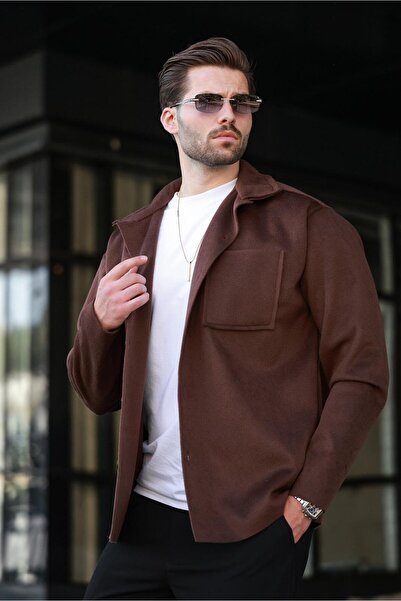Madmext Brown Pocket Basic Men's Fleece Shirt E6764