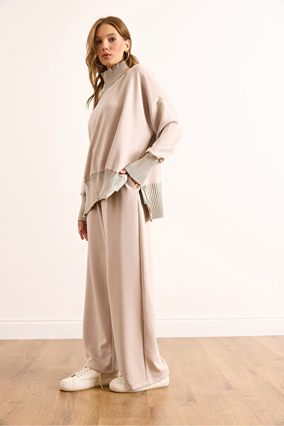 Olalook Kadın Bej Premium Triko Detaylı Modal Alt Üst Takım TKM-19000429